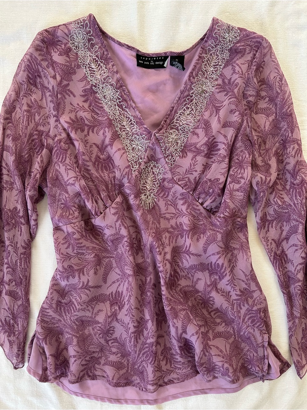 Purple Sheer Whimsigoth Flowy Blouse with Silver Beaded Neckline Women’s size XL